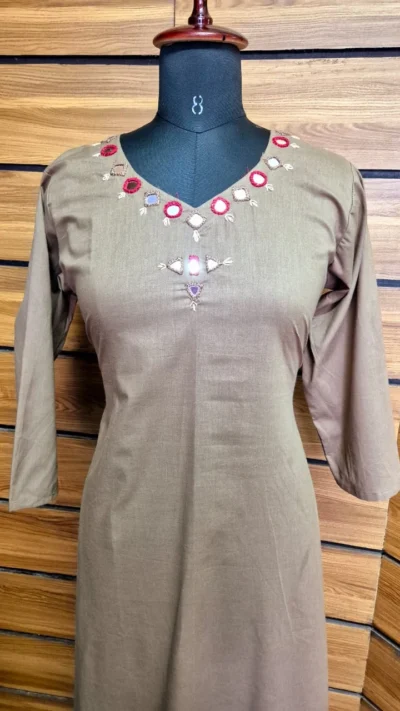 Mocha Brown A-Line Kurti with Neck Embroidery - Image 2