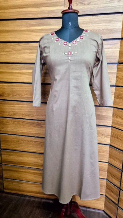 Mocha Brown A-Line Kurti with Neck Embroidery