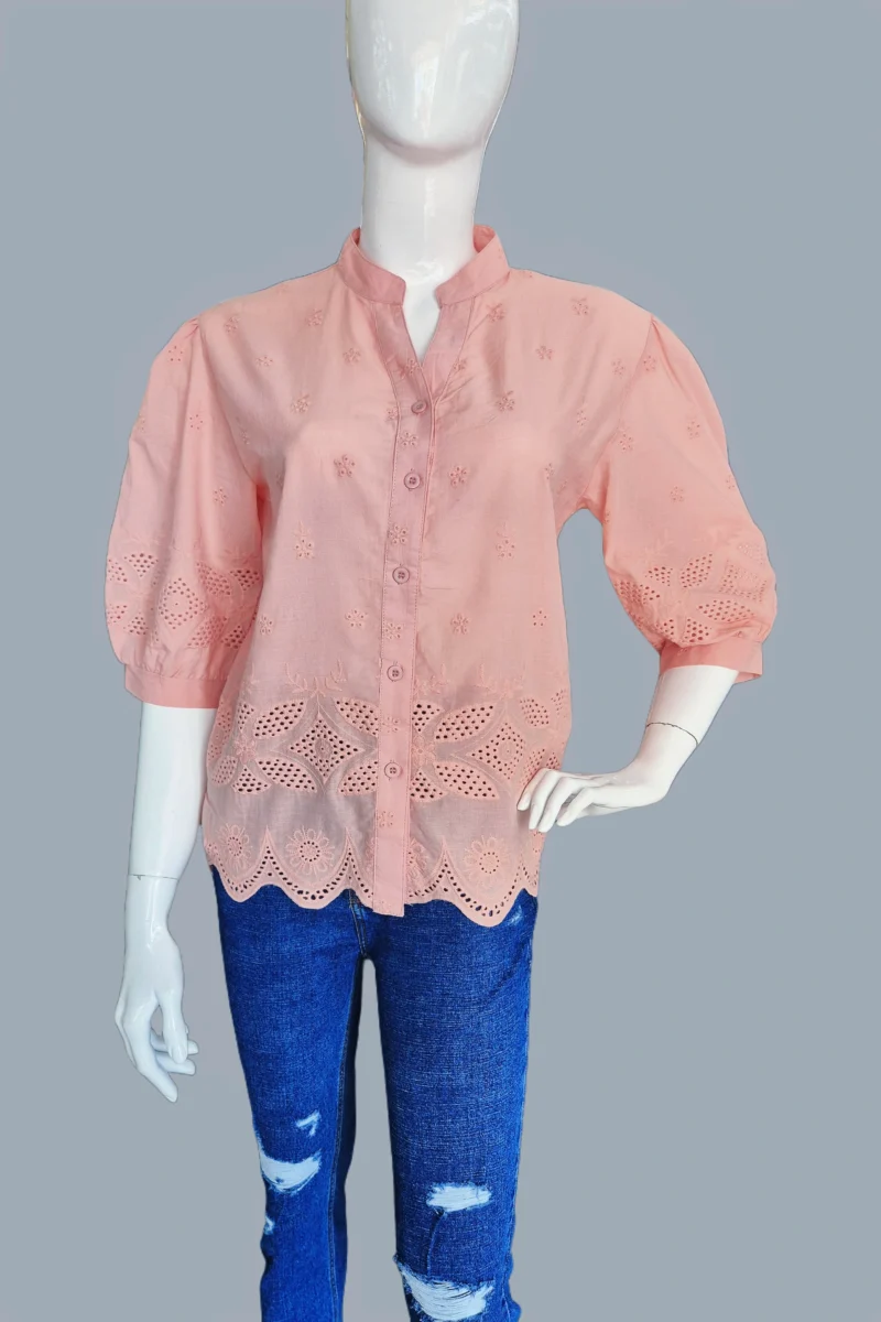 Peach Eyelet Shirt & Denim Look