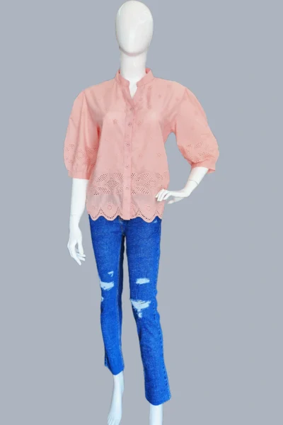 Peach Eyelet Shirt & Denim Look - Image 2